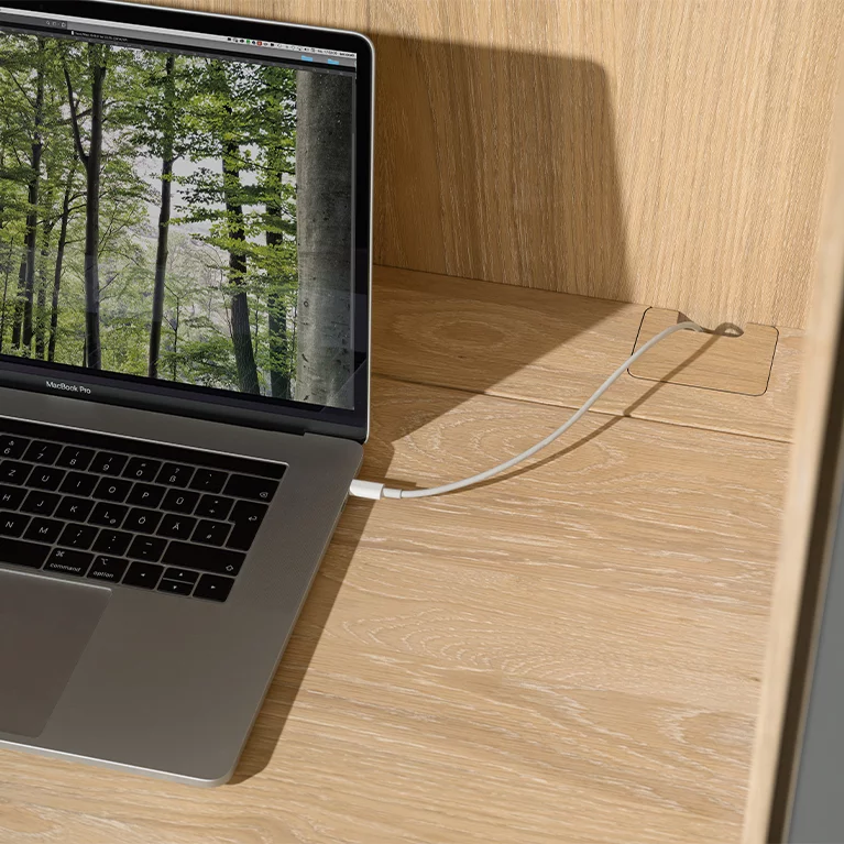 cable outlet from the sophisticated desk intermediate unit in solid oak white oil, detailed view