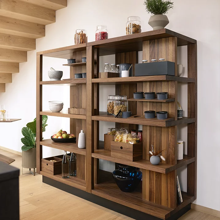 modern wooden kitchen echt.zeit in walnut with tall unit open shelf