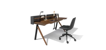 lui office chair in leather on castor swivel base with height-adjustable pisa desk in solid walnut