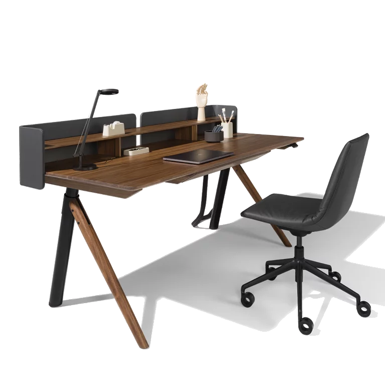 lui office chair in leather on castor swivel base with height-adjustable pisa desk in solid walnut