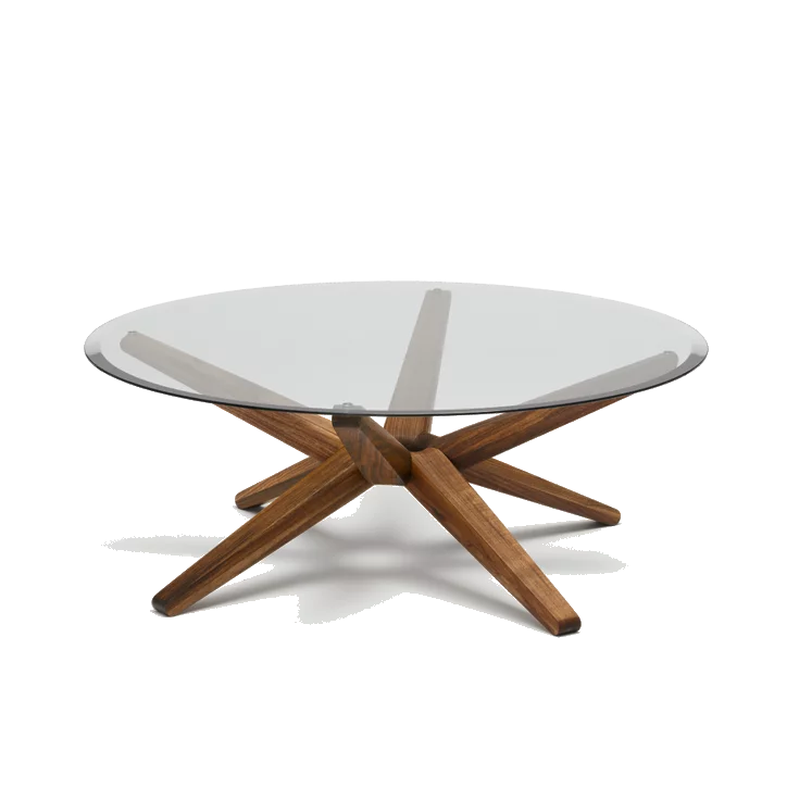 moderner Couchtisch stern aus Holz Nussbaum mit runder Glasplatte