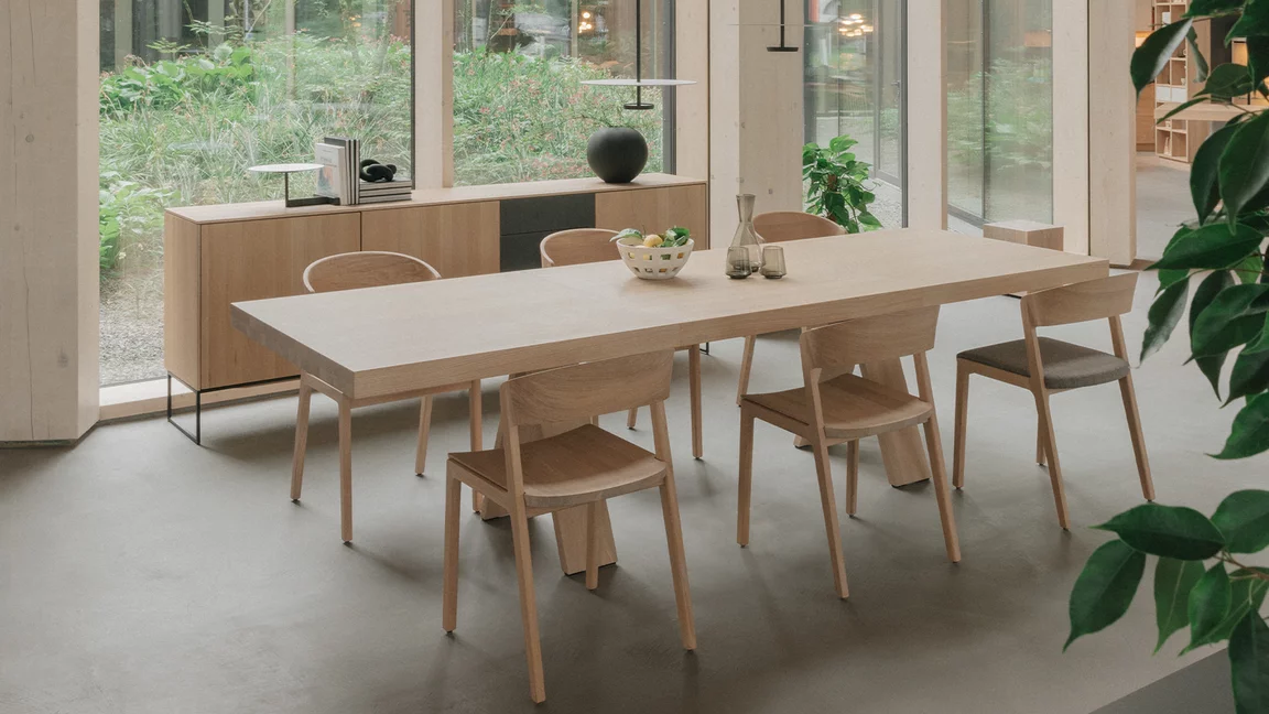 tema extendable dining room table in oak white oil with timeless mylon chairs and the filigno sideboard