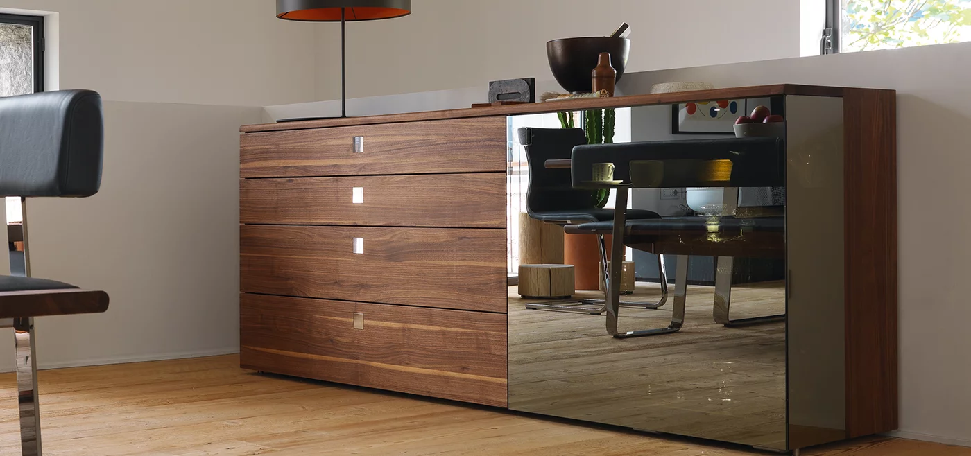 modern nox sideboard in walnut and glass front
