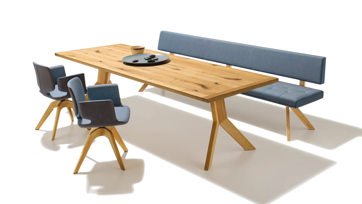 dining chairs aye swivel frame in oak with fabric seat shell, yps table in solid wild oak and the yps bench