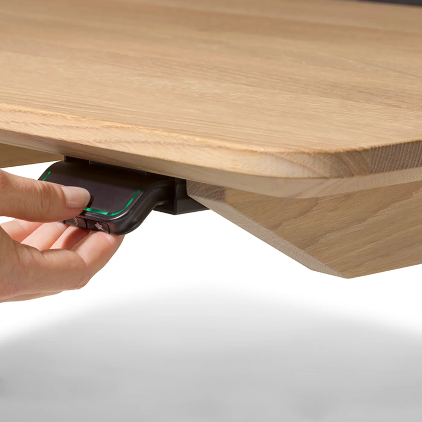 pisa height-adjustable desk in solid oak white oil with sophisticated operating element, detailed view