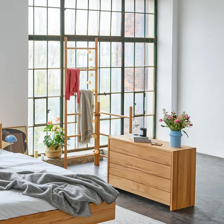 stylish italic ladder with the times bed and the lunetto chest of drawers in solid beech heartwood