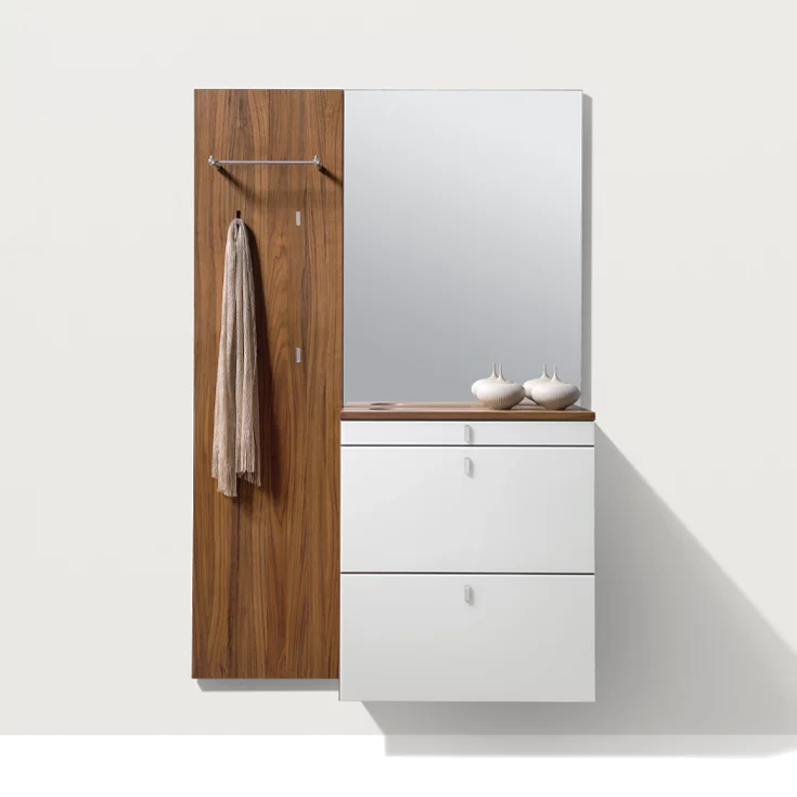 cubus hallway in walnut with the cubus shoe flap chest of drawers with coloured glass fronts, folding handles and key recess
