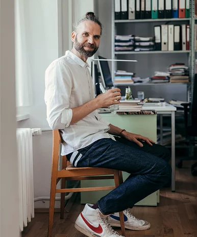Designer Jacob Strobel in his office