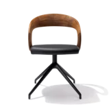 comfortable swivel chair girado with leather seat, frame in matt black and backrest in walnut, front view