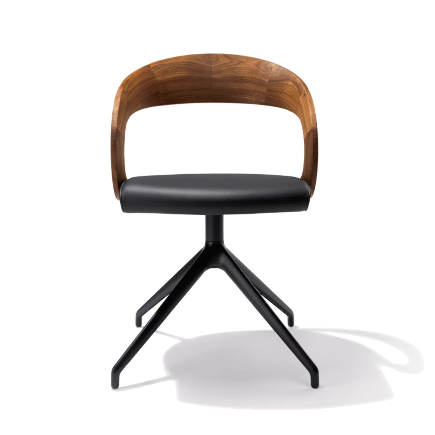 comfortable swivel chair girado with leather seat, frame in matt black and backrest in walnut, front view