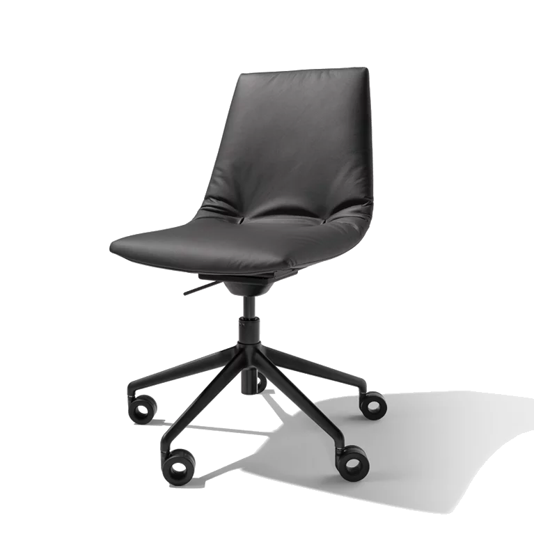 front view of lui office swivel chair in leather on black matt swivel base with castors