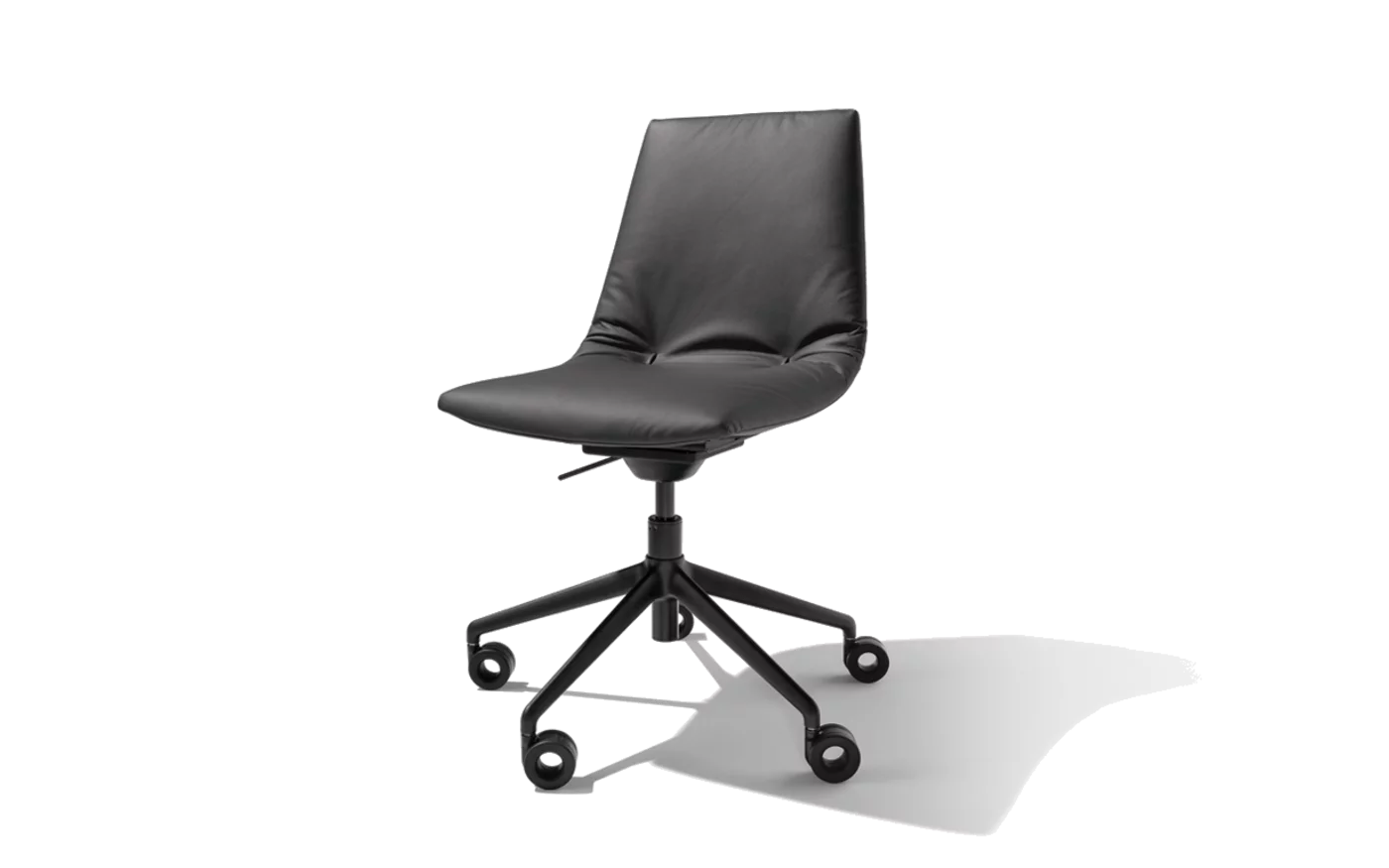 front view of lui office swivel chair in leather on black matt swivel base with castors