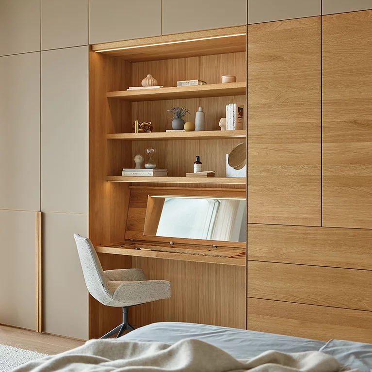 lunetto hinged door wardrobe with intermediate unit illuminated dressing table in oak wood and with the upholstered lui plus chair with swivel base in matt black