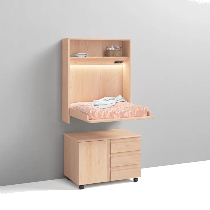 stabiles Wandmodul kids beleuchtet in Erle Weißöl massiv zuklappbar mit Rollcontainer