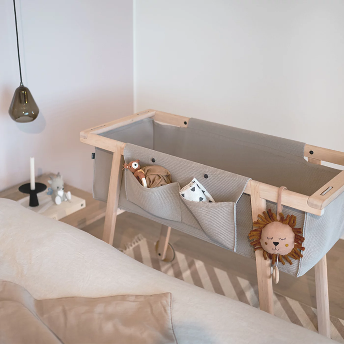 sturdy cot made of solid wood with soft knitted fabric sturdy baby cot made of solid alder white oil with soft knitted fabric and fabric pockets