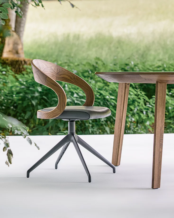 dining chair girado walnut with swivel base in matt black and miro dining table in walnut
