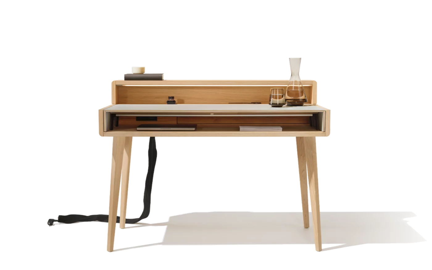 sol secretary desk with illuminated top in solid oak white oil and leather