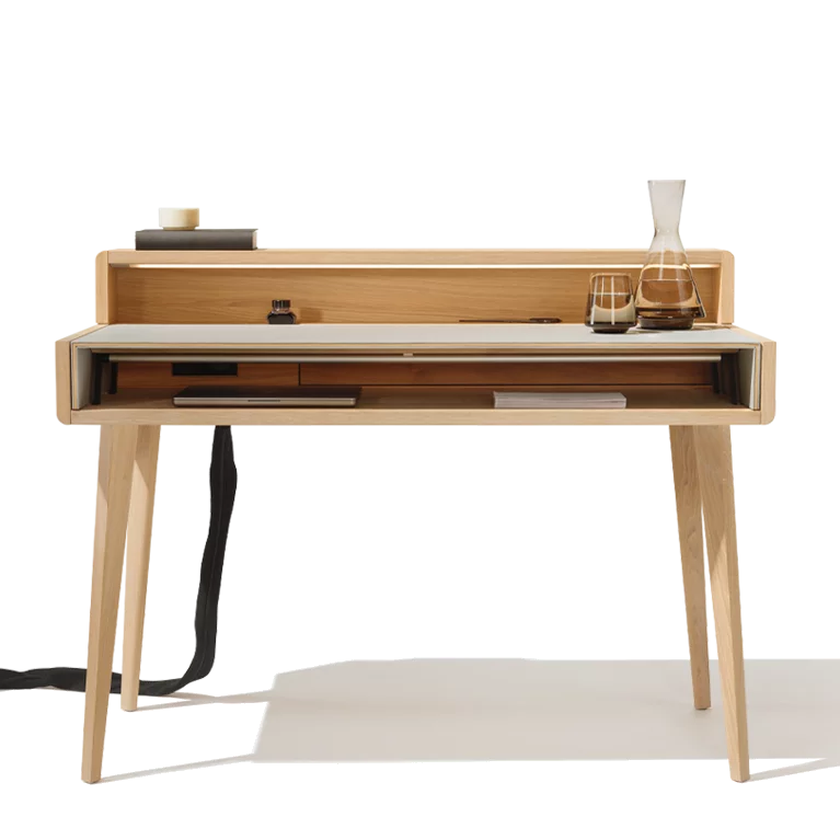 sol Sekretär mit Aufsatz in Eiche Weißöl und Leder sol Sekretär als Schreibtisch mit beleuchteten Aufsatz in Vollholz Eiche Weißöl und Leder