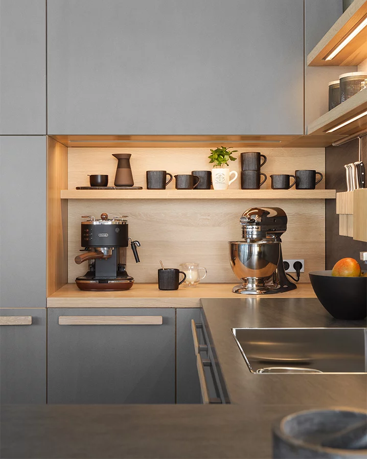 cera line kitchen in wood with illuminated appliance niche cera line kitchen in oak white oil with illuminated appliance niche and ceramic fronts in cement