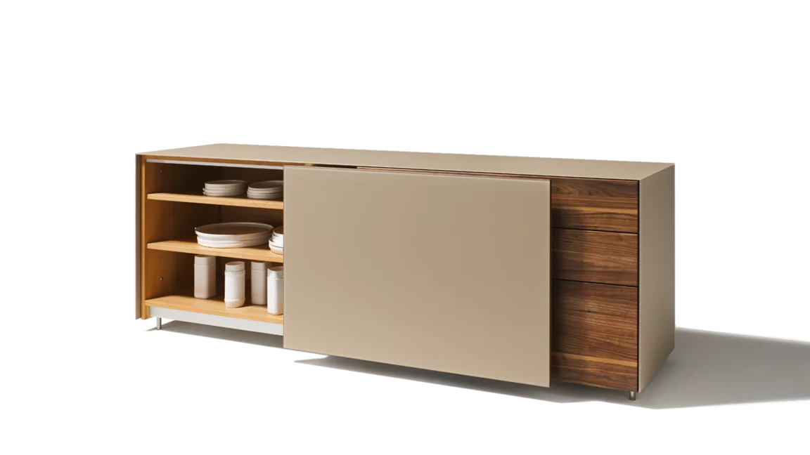 cubus pure sideboard with open sliding door in solid walnut with coloured glass pebble