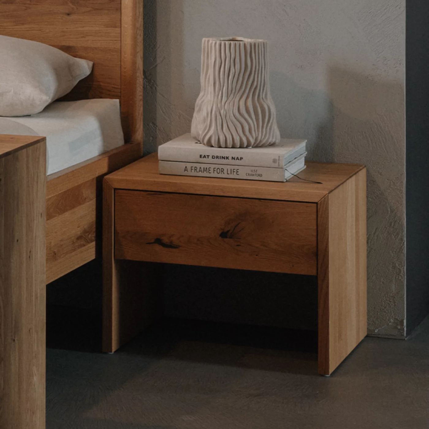 lunetto bedside cabinet in solid wild oak