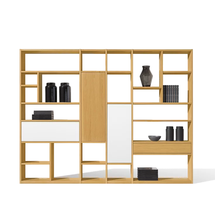 elegant cubus solid wood shelf in oak with hinged doors, flaps and drawers