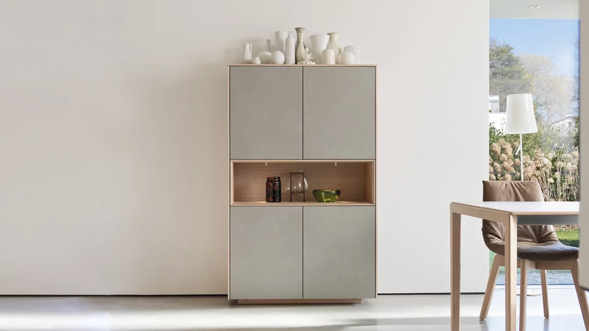 elegant filigno wall cabinet made of solid wood oak white oil, combined with the elegant ceramic colour phedra