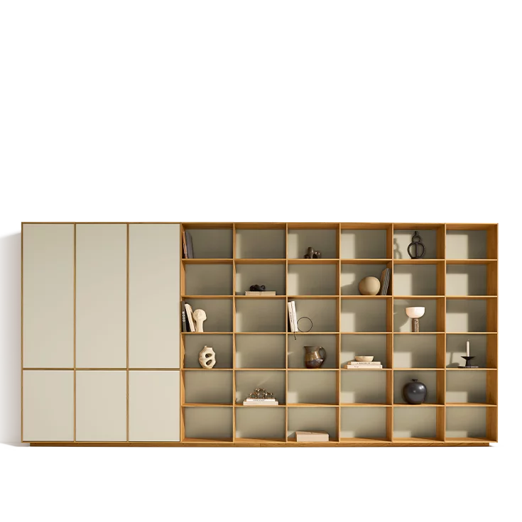 Solid wood shelving filigno with doors and back panels in greige coloured glass made of natural oiled oak