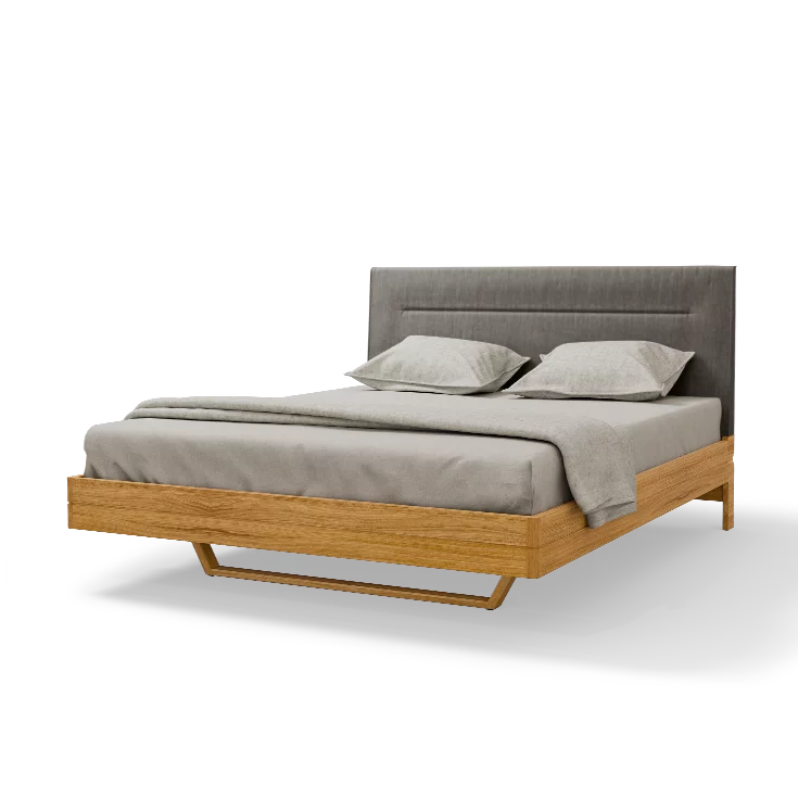 float solid wood bed in oak with headboard in fabric