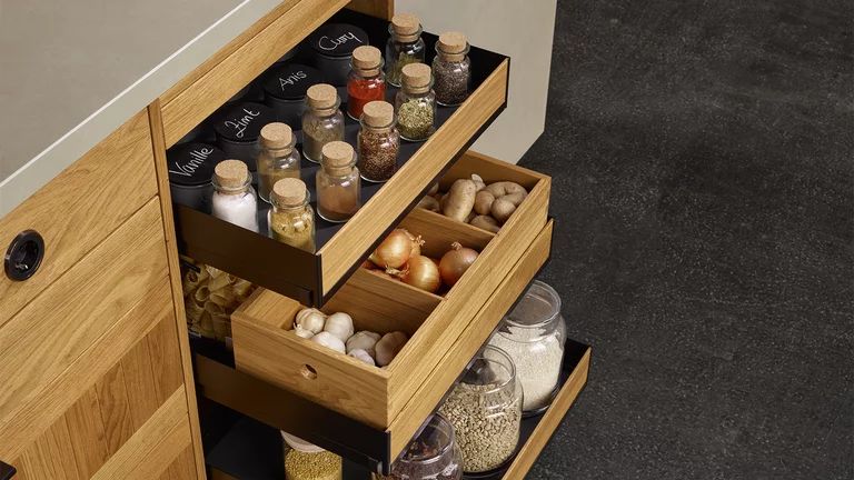 pull-out interior drawers with partition in solid oak open