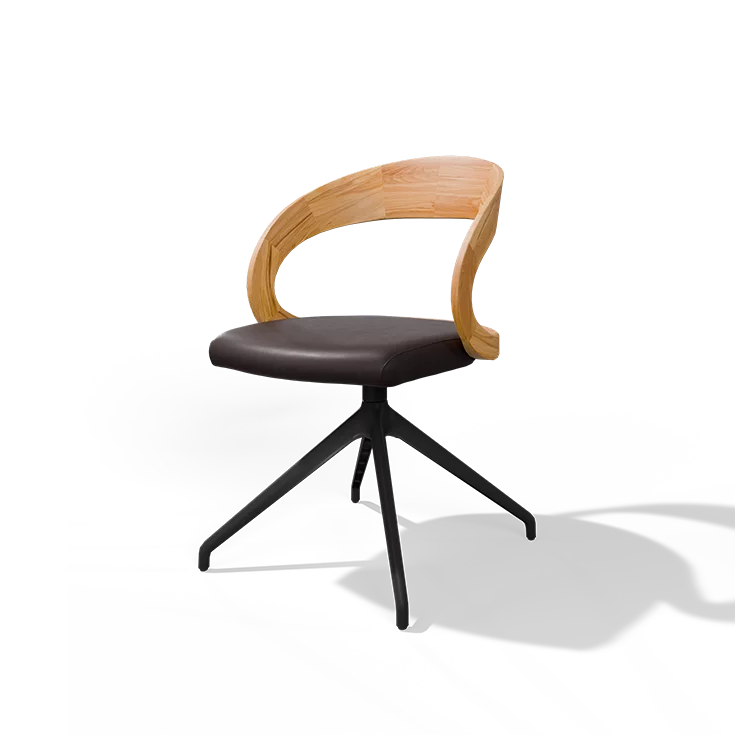 solid wood dining chair girado in beech heartwood with leather seat and swivel base in matt black