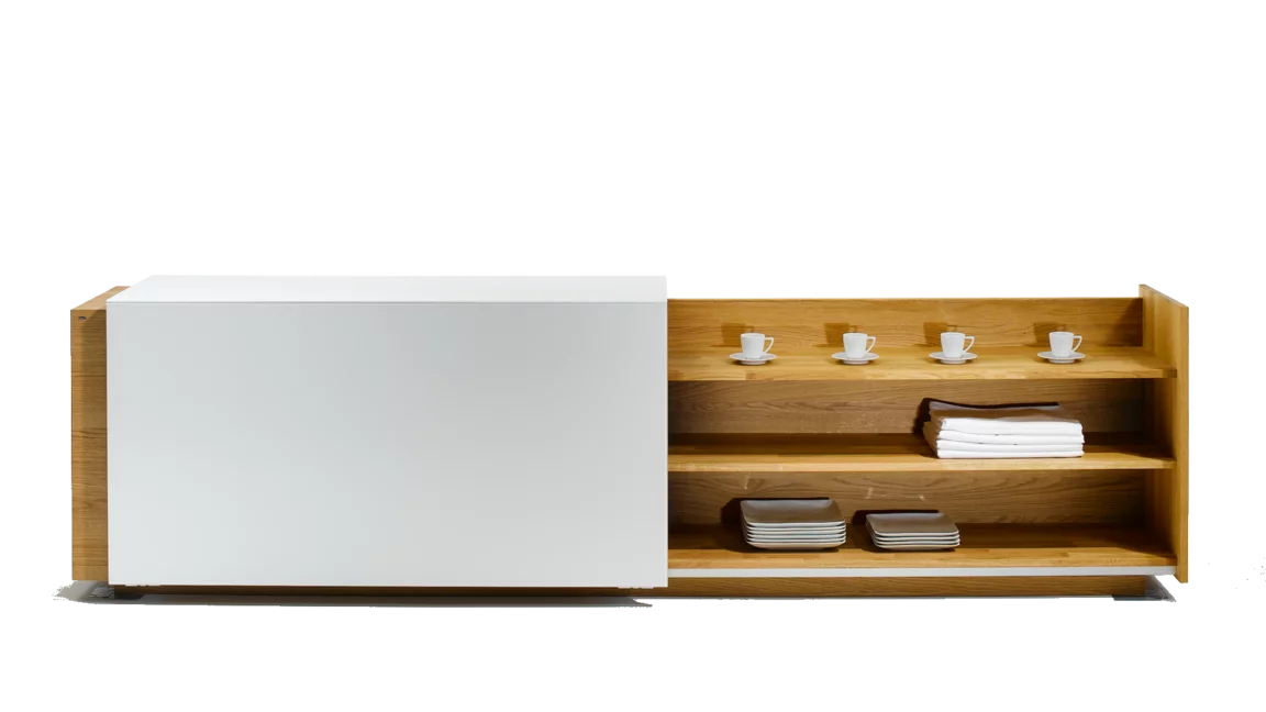 Modern cubus sideboard in solid oak and white coloured glass with open angled sliding door