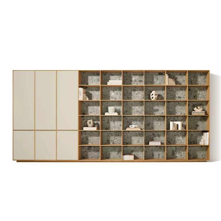 Elegant solid wood shelving filigno in natural oiled oak with doors in greige coloured glass and MDi iseo gries back panels
