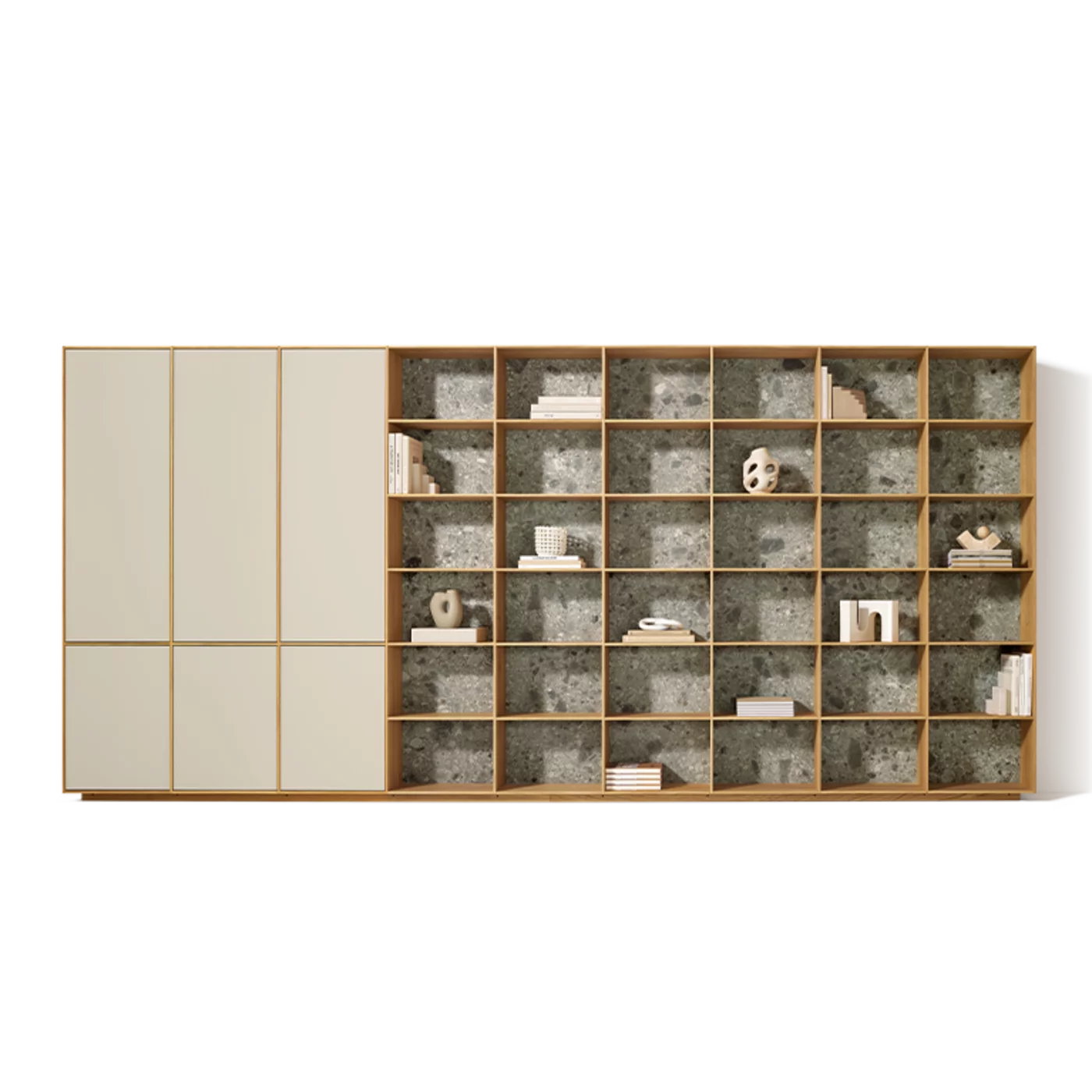 Elegant solid wood shelving filigno in natural oiled oak with doors in greige coloured glass and MDi iseo gries back panels
