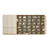 Elegant solid wood shelving filigno in natural oiled oak with doors in greige coloured glass and MDi iseo gries back panels