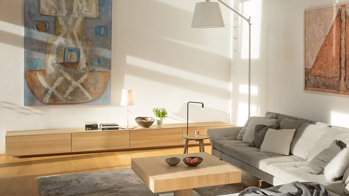 living room with filigno wall unit and lift coffee table in solid oak white oil