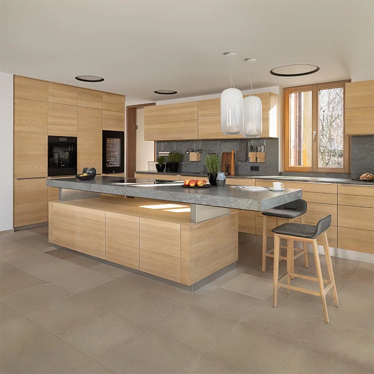 solid wood kitchen k7 island height-adjustable and linee wall unit with ark bar stools in oak white oil