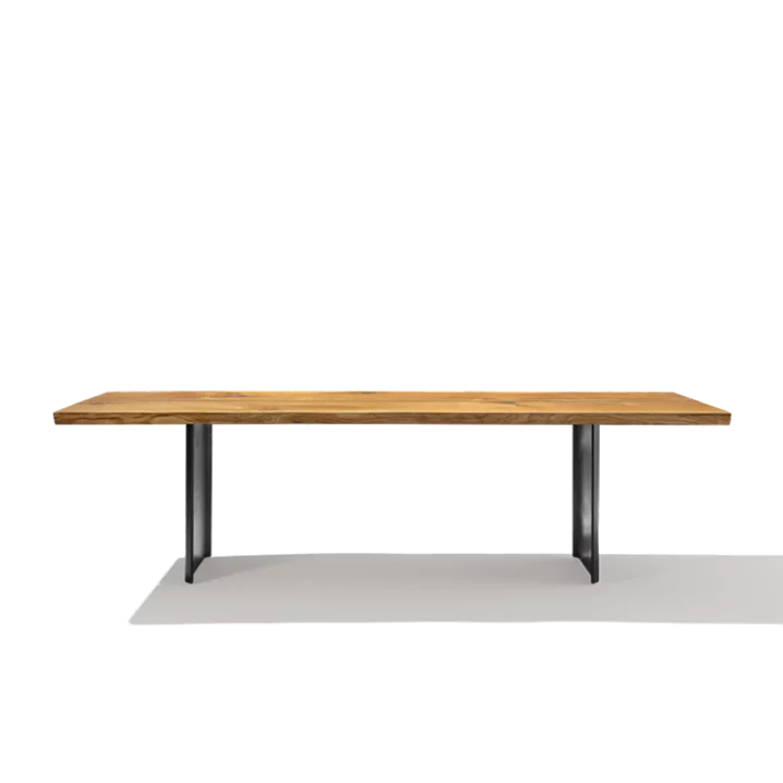 echt.zeit dining table made of solid wood in rustic brushed oak with burnished steel frame, side view