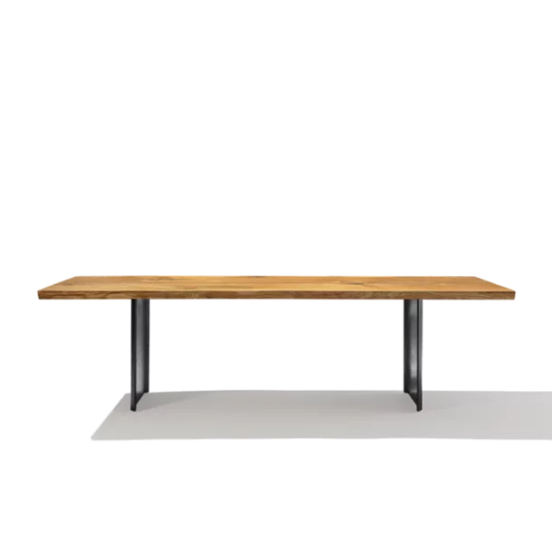 echt.zeit dining table made of solid wood in rustic brushed oak with burnished steel frame, side view