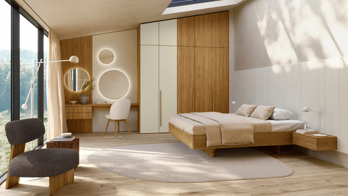 Modernes Schlafzimmer in Eiche aus Drehtürenschrank soft mit farbglas greige und flor stuhl mit sera snow neben times Bett und elliot Lounge Chair