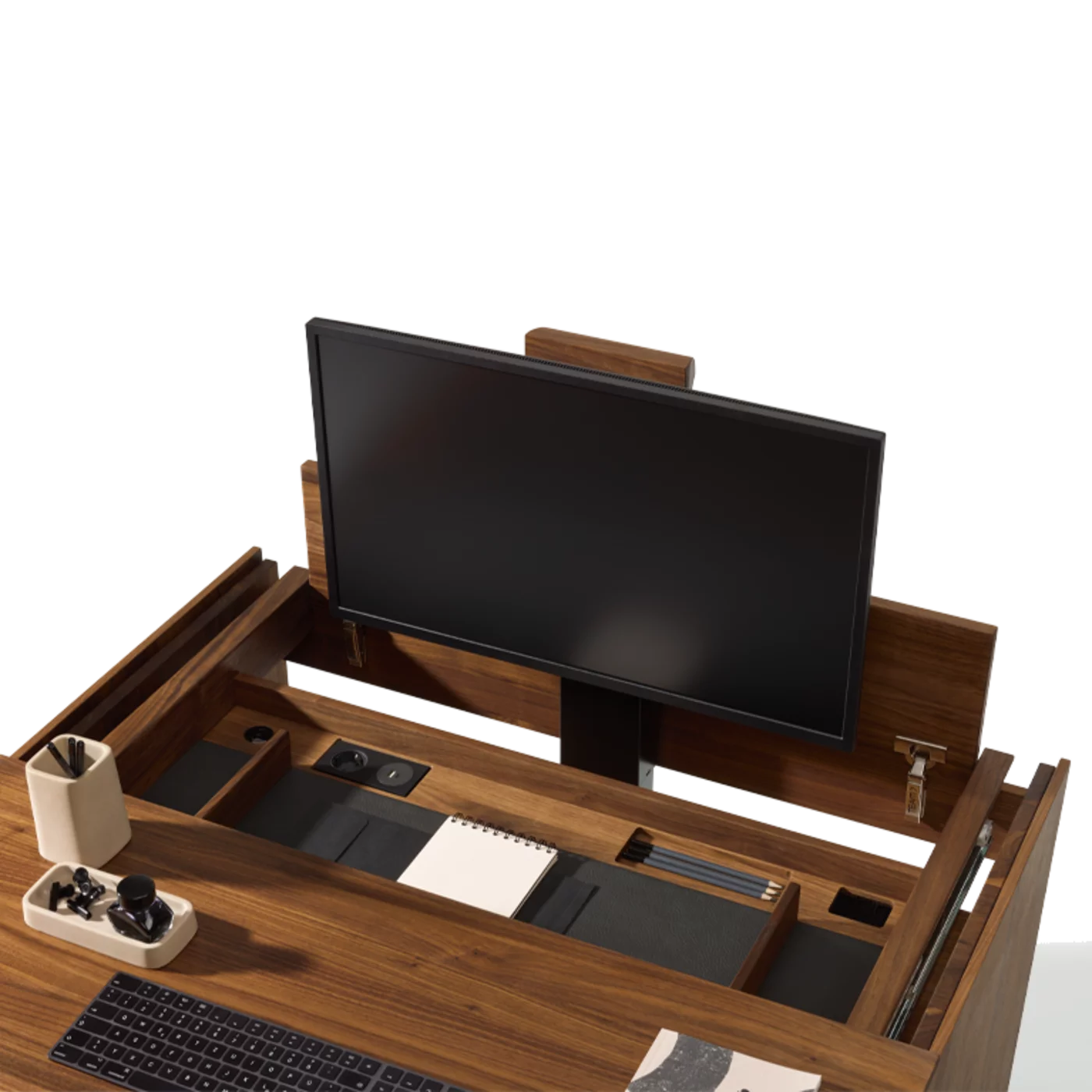 modern filigno secretary made of solid walnut with screen lift and socket, detailed view