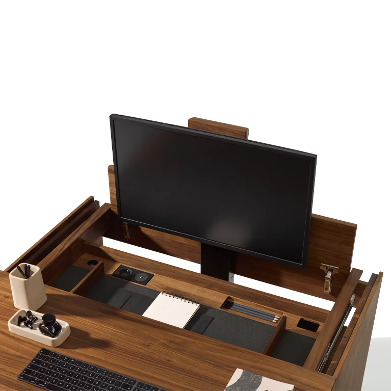 modern filigno secretary made of solid walnut with screen lift and socket, detailed view