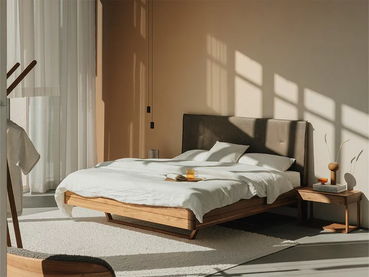 Float solid wood bed with leather headboard and float bedside cabinet in natural oak oil