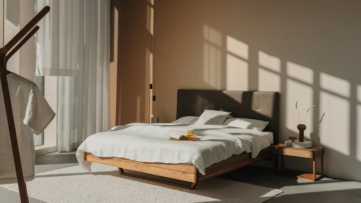 modern free standing float bedside cabinet in walnut with the float bed