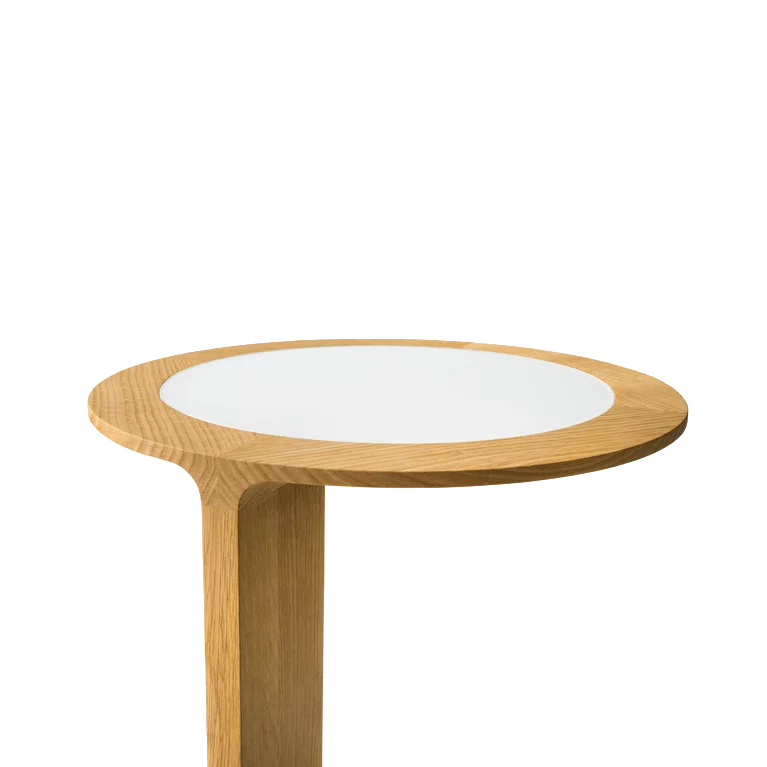 loup designer side table in oak with matt white coloured glass