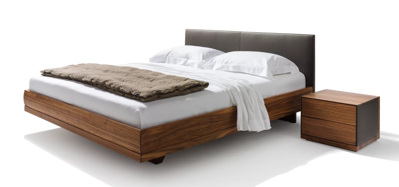 riletto bed in walnut with leather headboard together with the riletto bedside cabinet