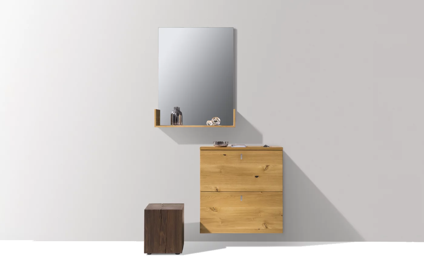 cubus wardrobe combination of mirror with console and wall unit in solid oak and natural smoked oak block