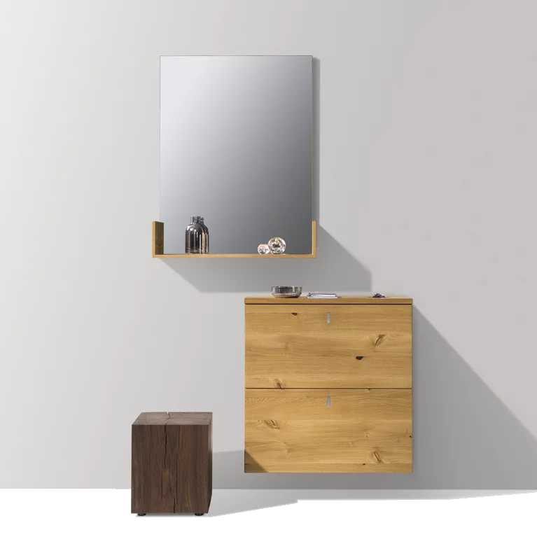 cubus wardrobe combination of mirror with console and wall unit in solid oak and natural smoked oak block
