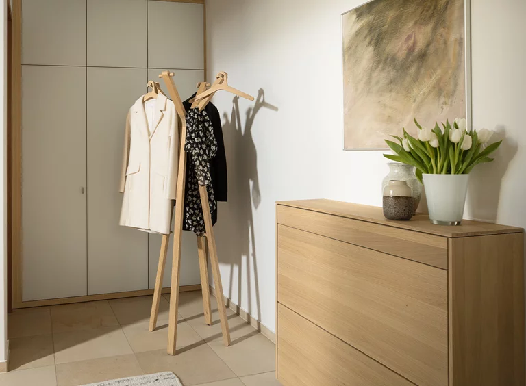 cubus Dielenschrank mit Glasfront, hood Kleiderständer und filigno Schuhkommode in Eiche