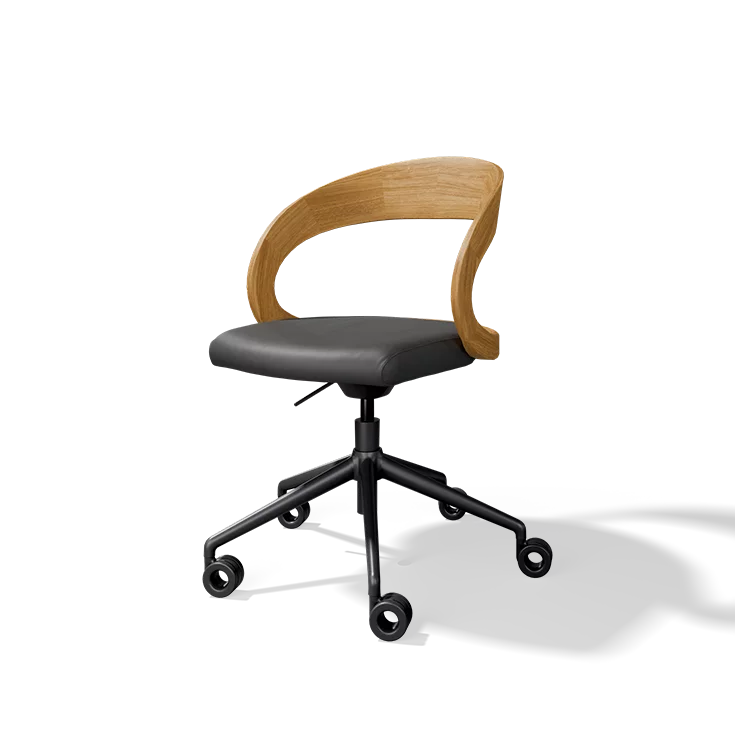 girado office swivel chair in solid oak with leather seat cover on swivel base with castors